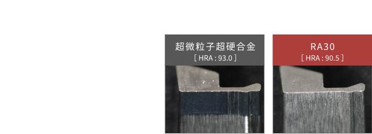 例2リン青銅加工後［1000万ストローク］のパンチ側面摩耗状態超微粒子超硬合金の方が側面摩耗の程度が著しい超微粒子超硬合金［ HRA : 93.0 ］RA30［ HRA : 90.5 ］